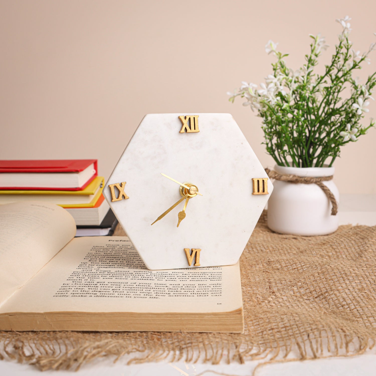 White Marble Hexagonal Desk Clock