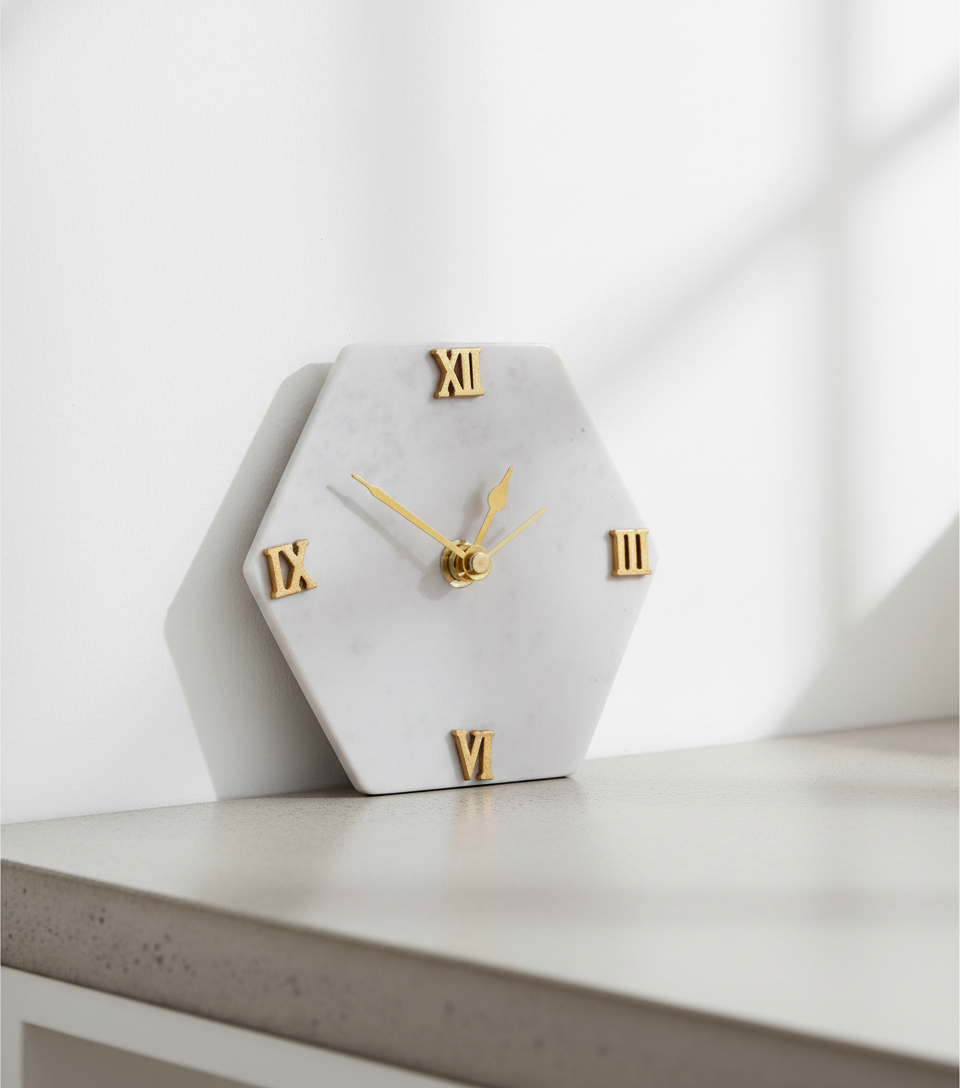 Marble Hexagonal Desk Clock Without Metal Stand