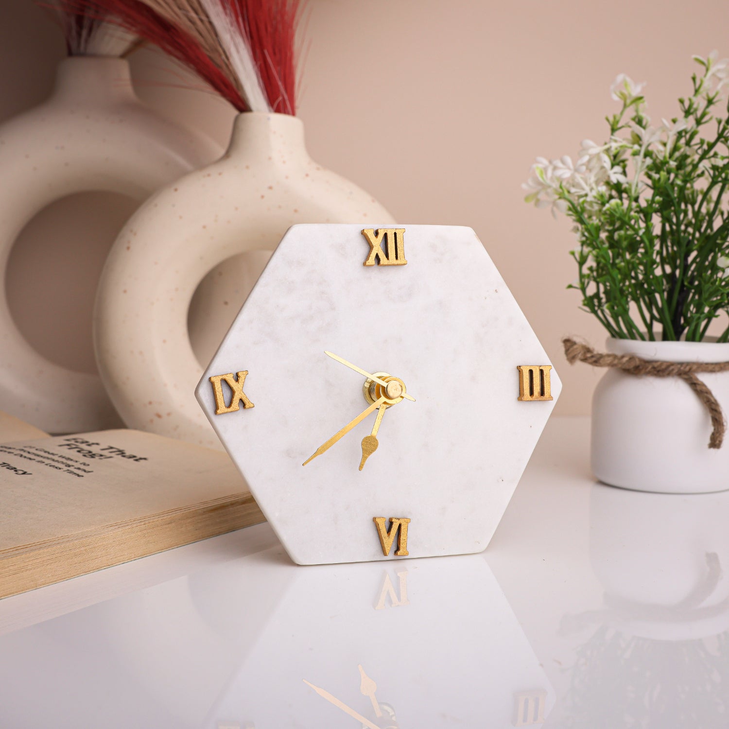White Marble Hexagonal Desk Clock