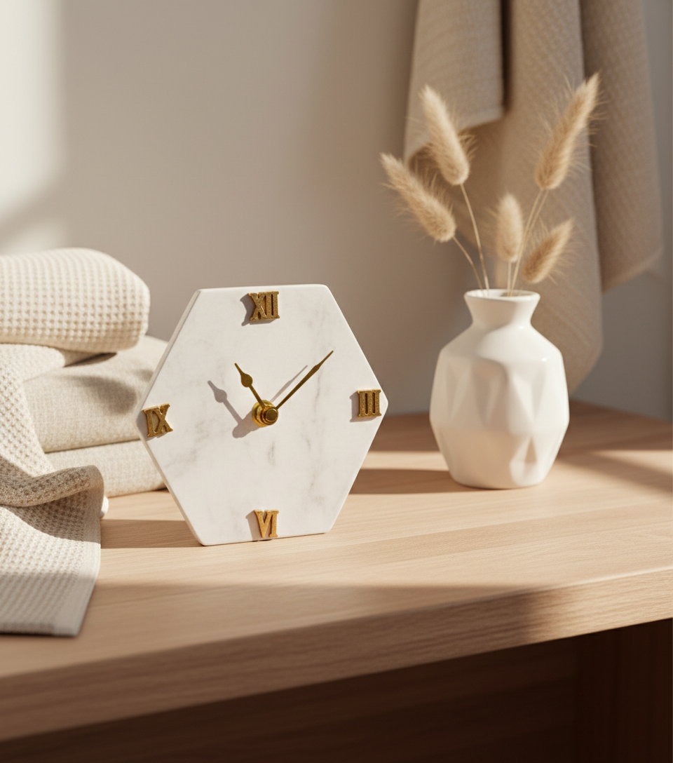 Marble Hexagonal Desk Clock Without Metal Stand