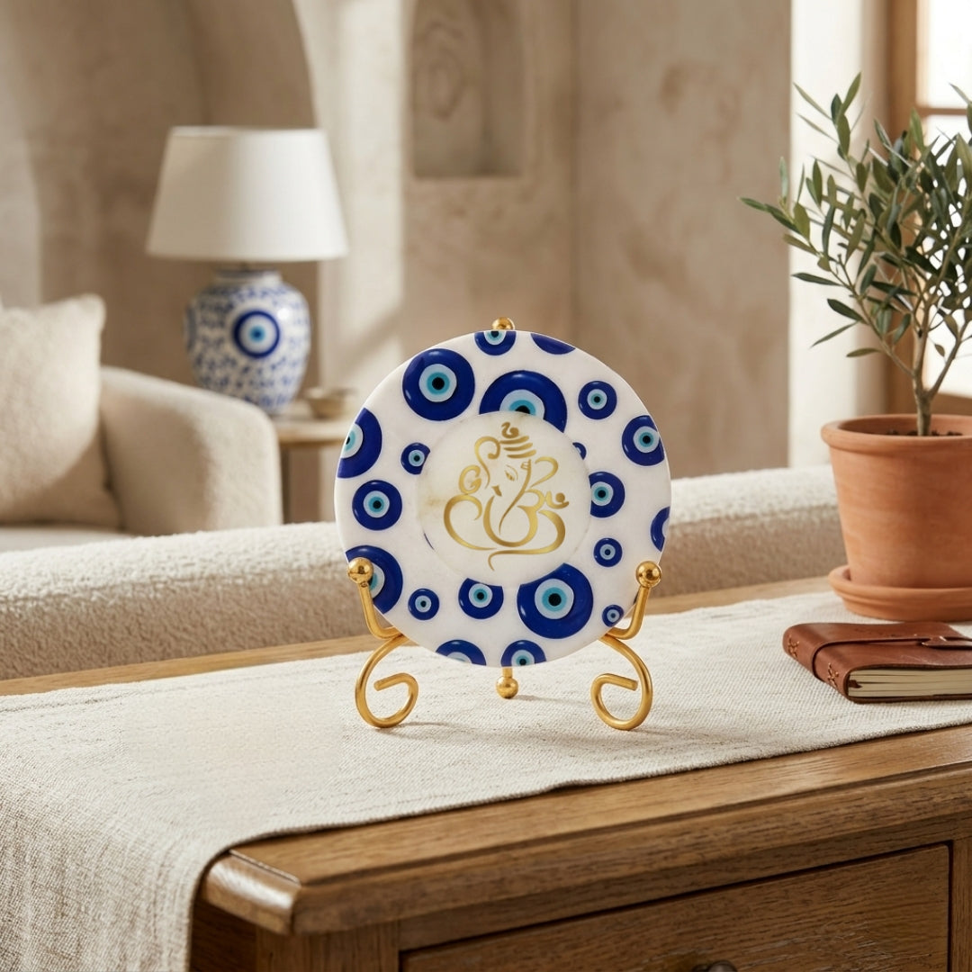 Marble Round Evil Eye Showpiece With Folding Metal Stand