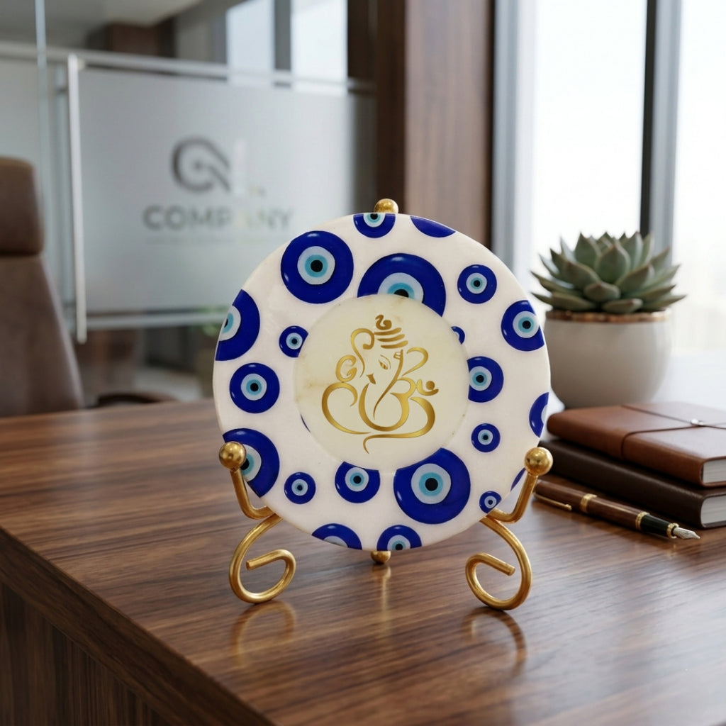 Marble Round Evil Eye Showpiece With Folding Metal Stand