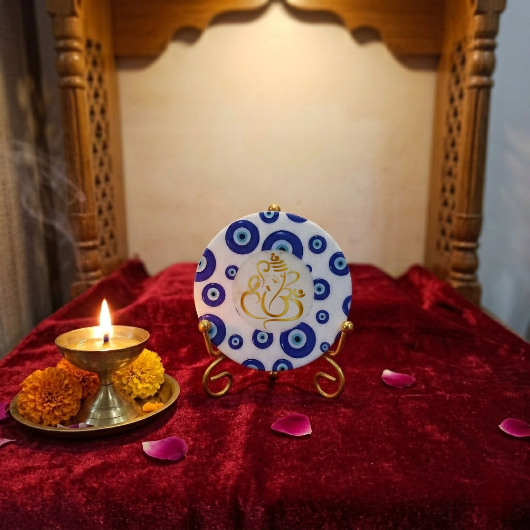 Marble Round Evil Eye Showpiece With Folding Metal Stand