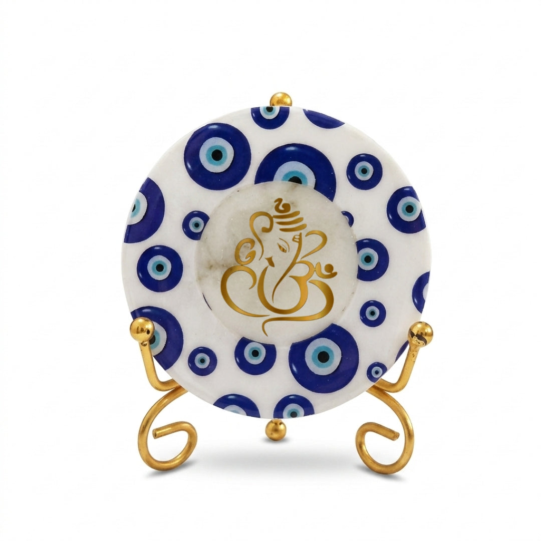 Marble Round Evil Eye Showpiece With Folding Metal Stand
