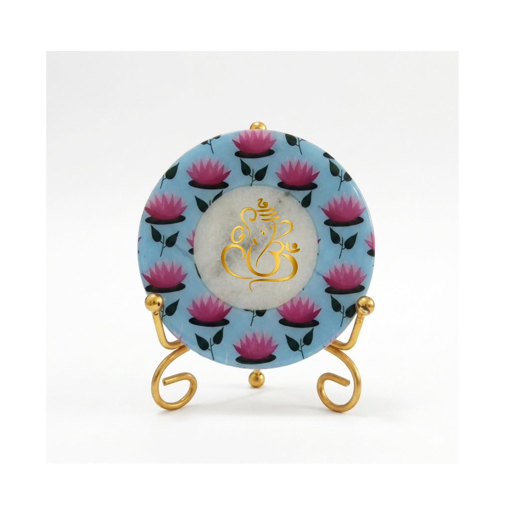 Marble Round Pichwai Showpiece With Folding Metal Stand