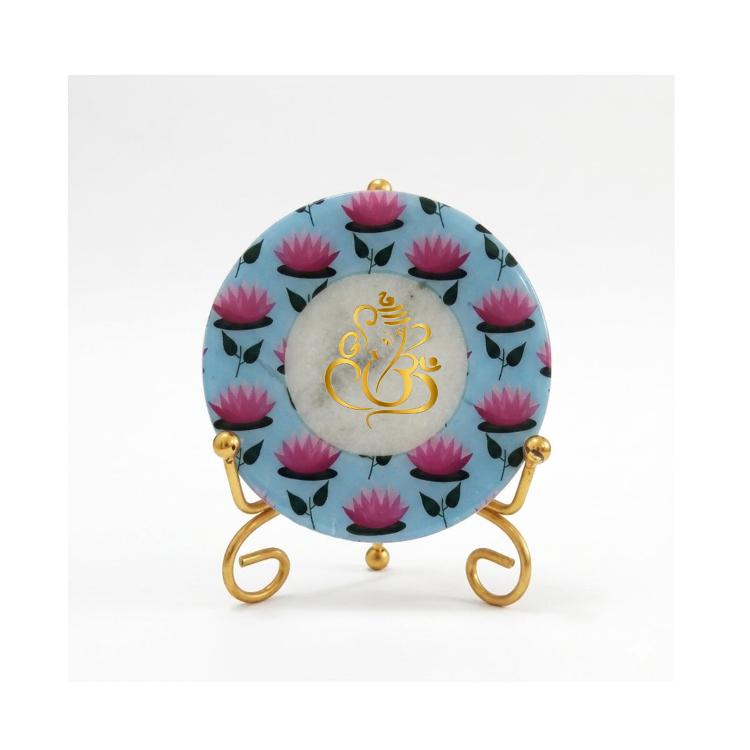 Marble Round Pichwai Showpiece With Folding Metal Stand