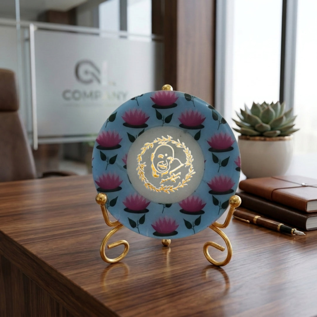 Marble Round Pichwai Showpiece With Folding Metal Stand