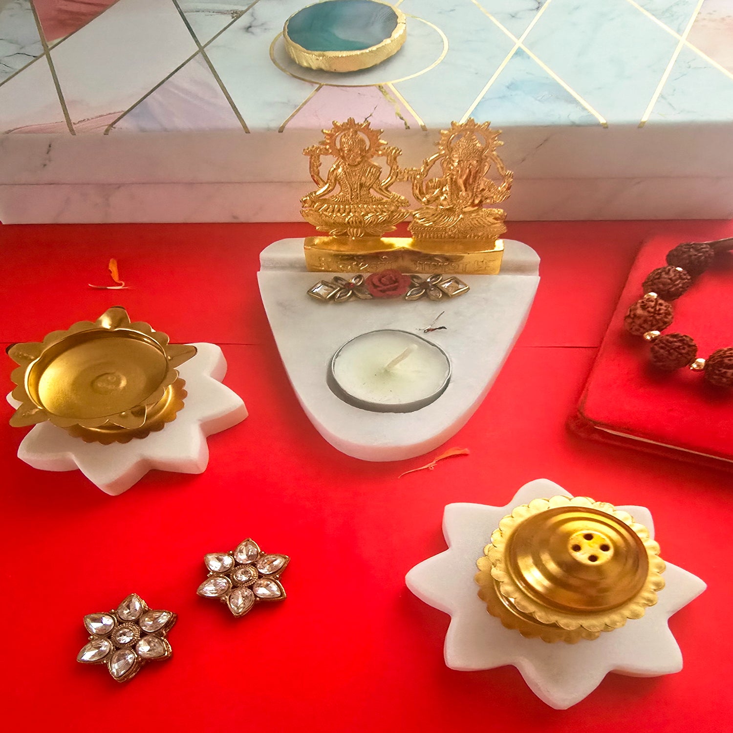 Marble Star Shape Pooja Set With Laxmi Ganesha Tealight Holder , Brass Diya And Incense Holder