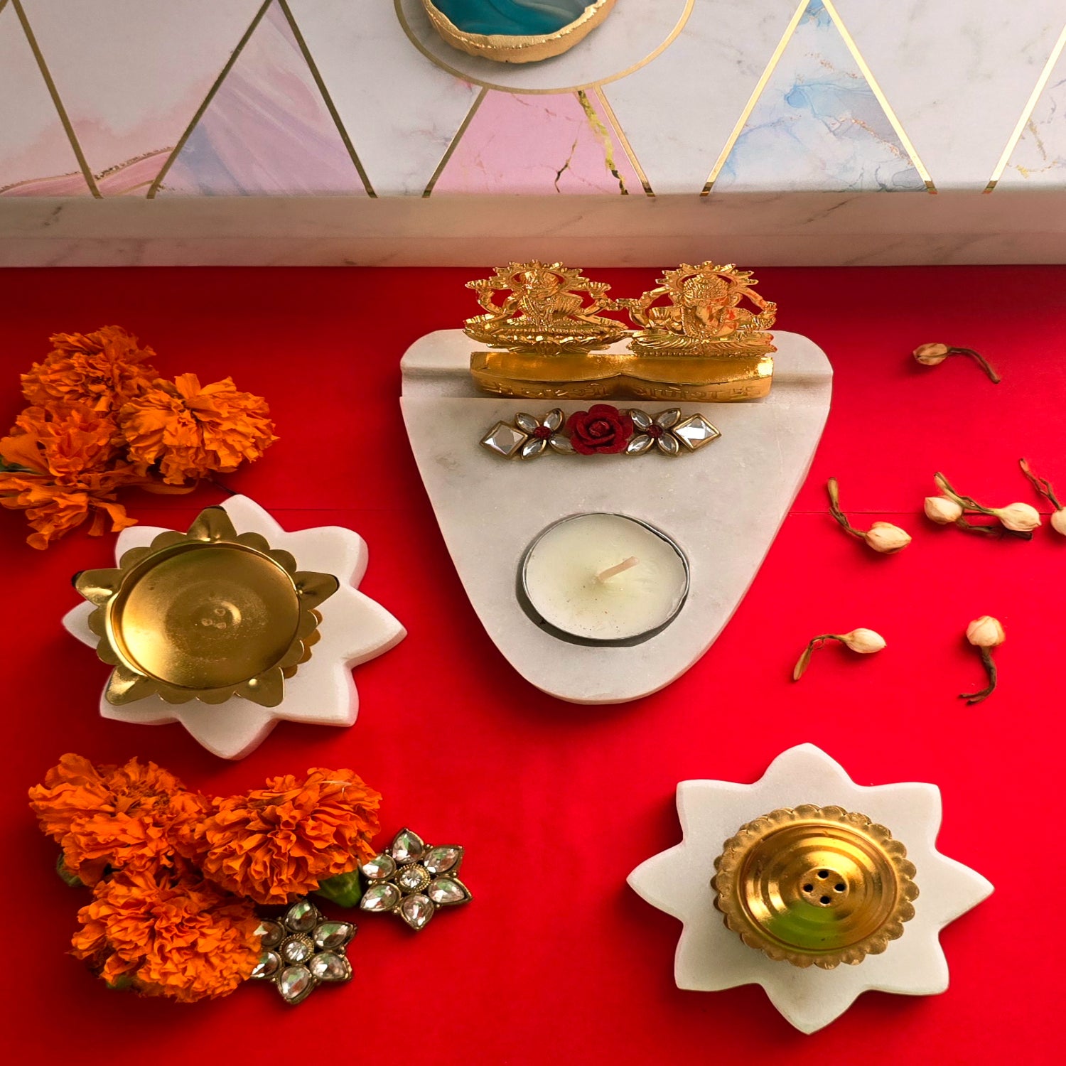 Marble Star Shape Pooja Set With Laxmi Ganesha Tealight Holder , Brass Diya And Incense Holder
