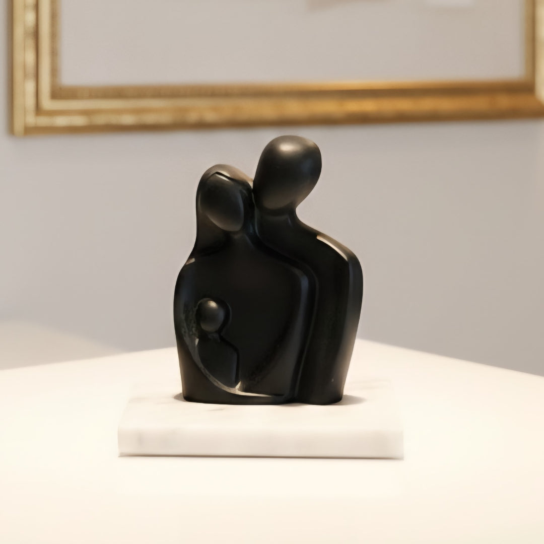 Abstract Family Bond Black Sculpture with White Marble Base