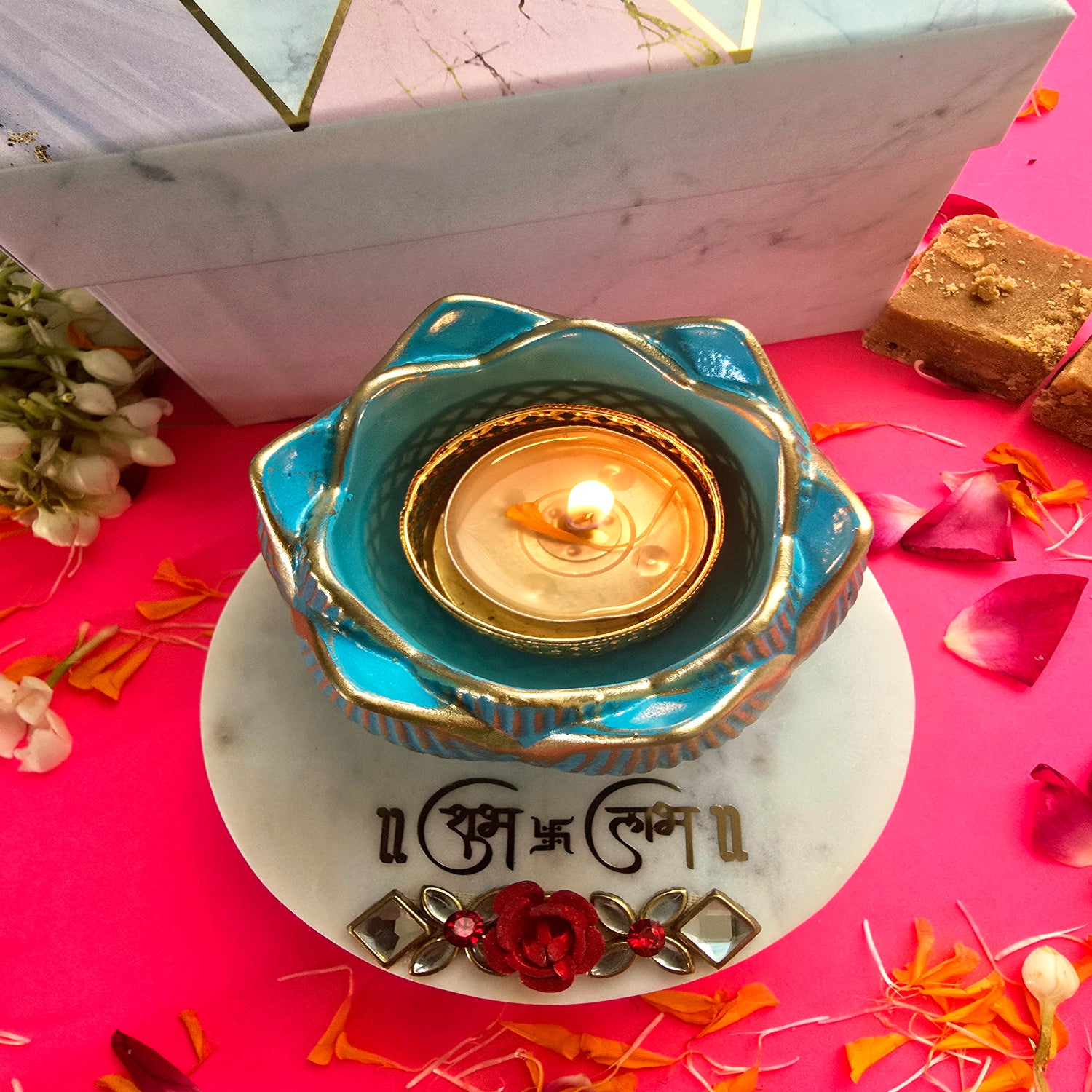 White Marble Shubh Labh Choki And Polyresin Tea Light Holder