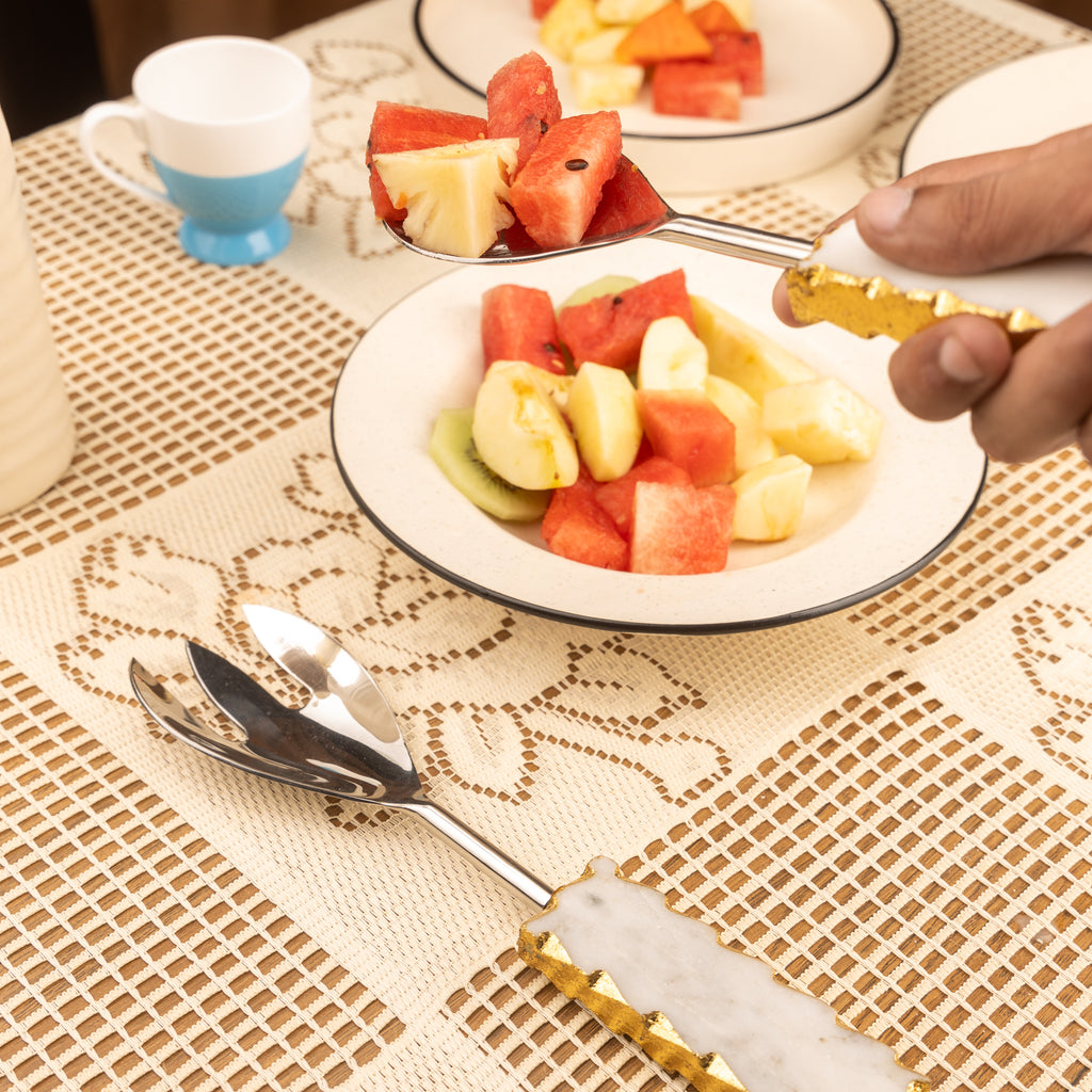 White Marble with Gold leafing Silver Metal Cake Server