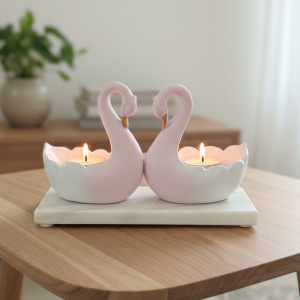 Swan Pair Tealight Candle Showpiece With Marble Base