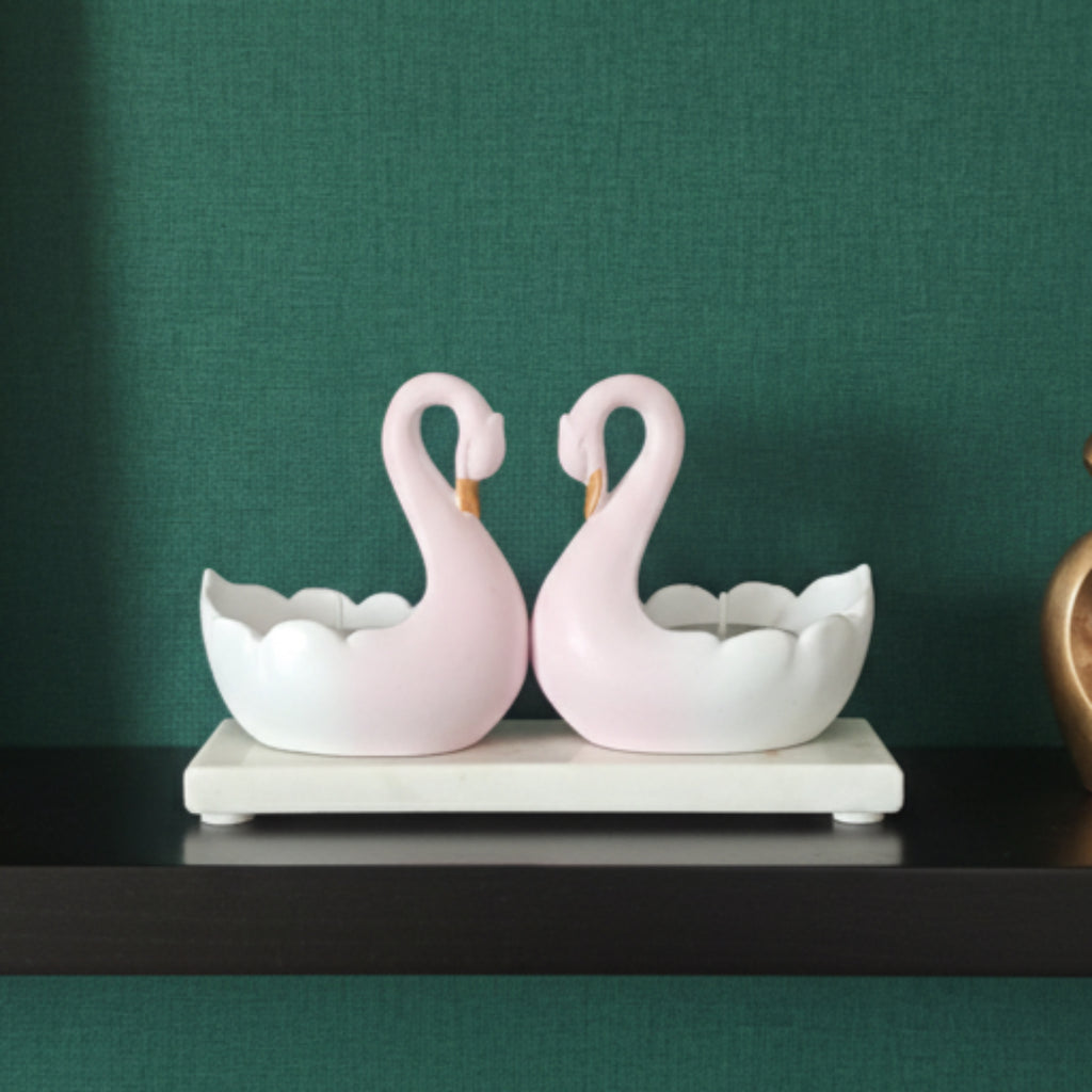 Swan Pair Tealight Candle Showpiece With Marble Base