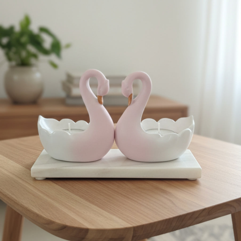 Swan Pair Tealight Candle Showpiece With Marble Base