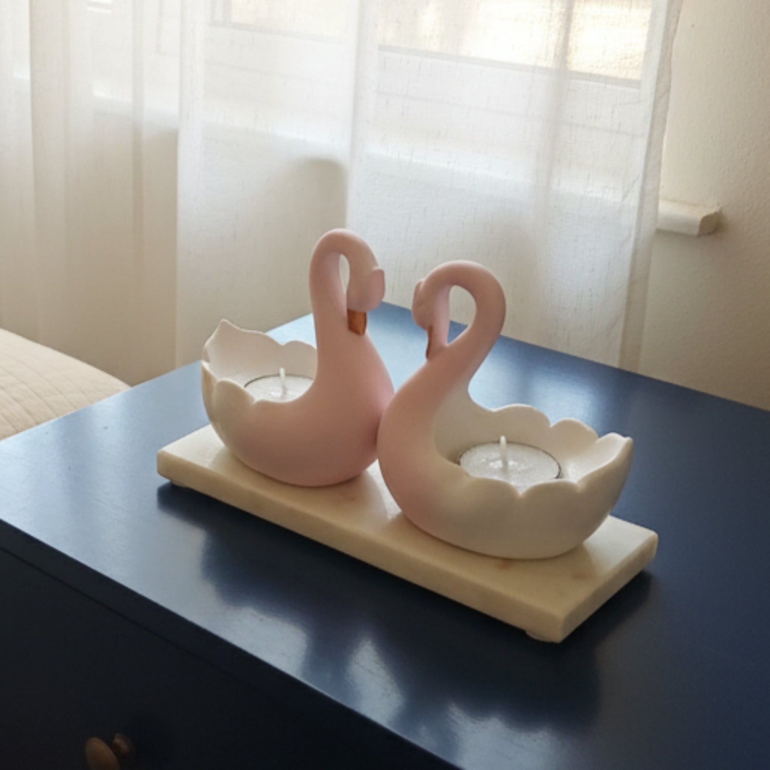 Swan Pair Tealight Candle Showpiece With Marble Base