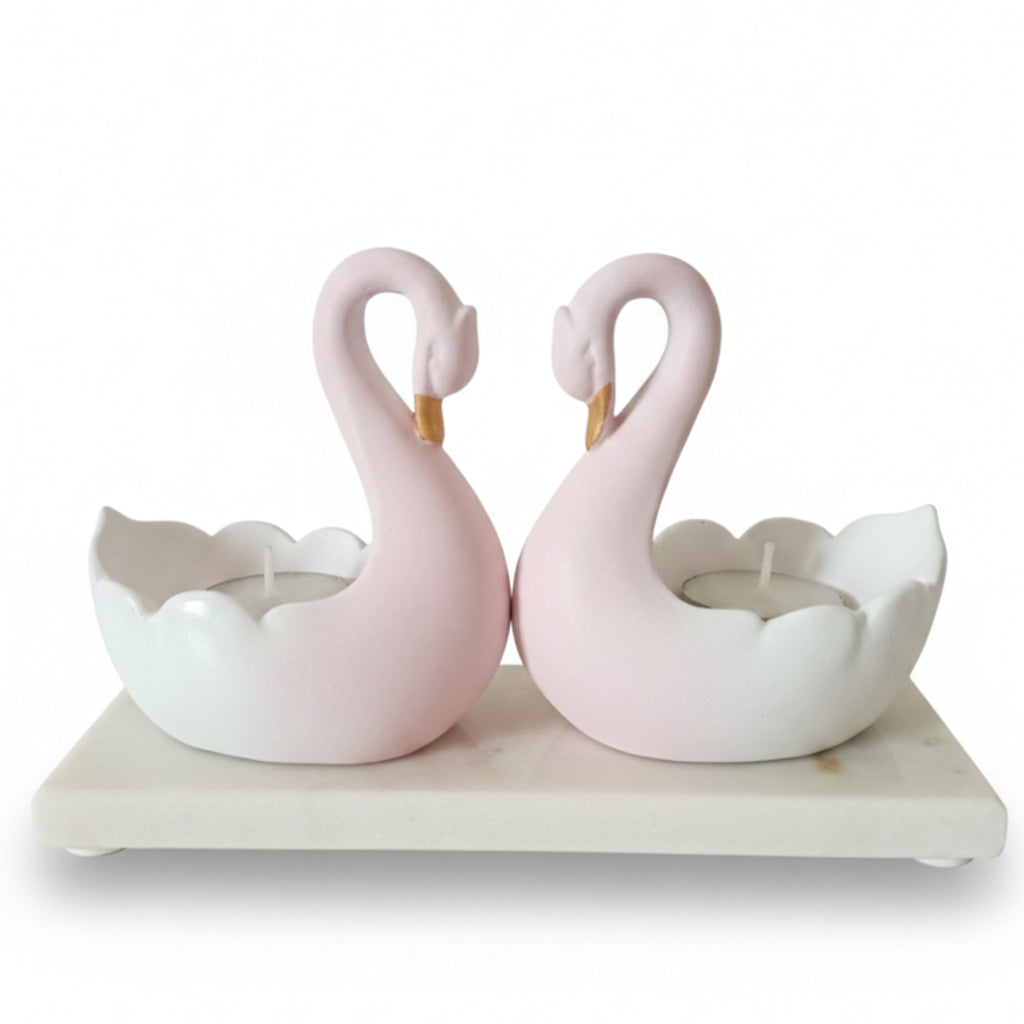 Swan Pair Tealight Candle Showpiece With Marble Base