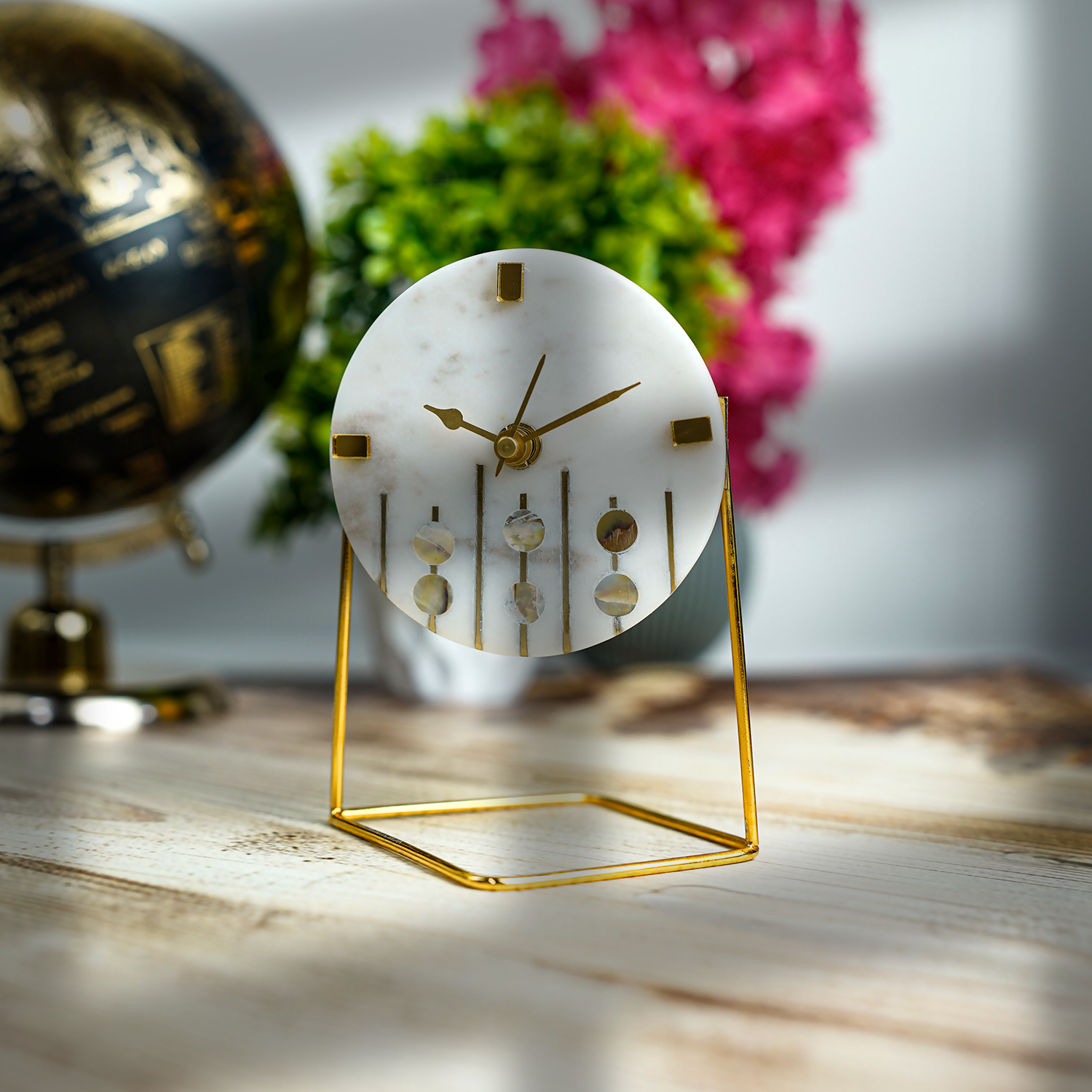 White Marble Round Shape Desk Clock with MOP and Brass Inlay