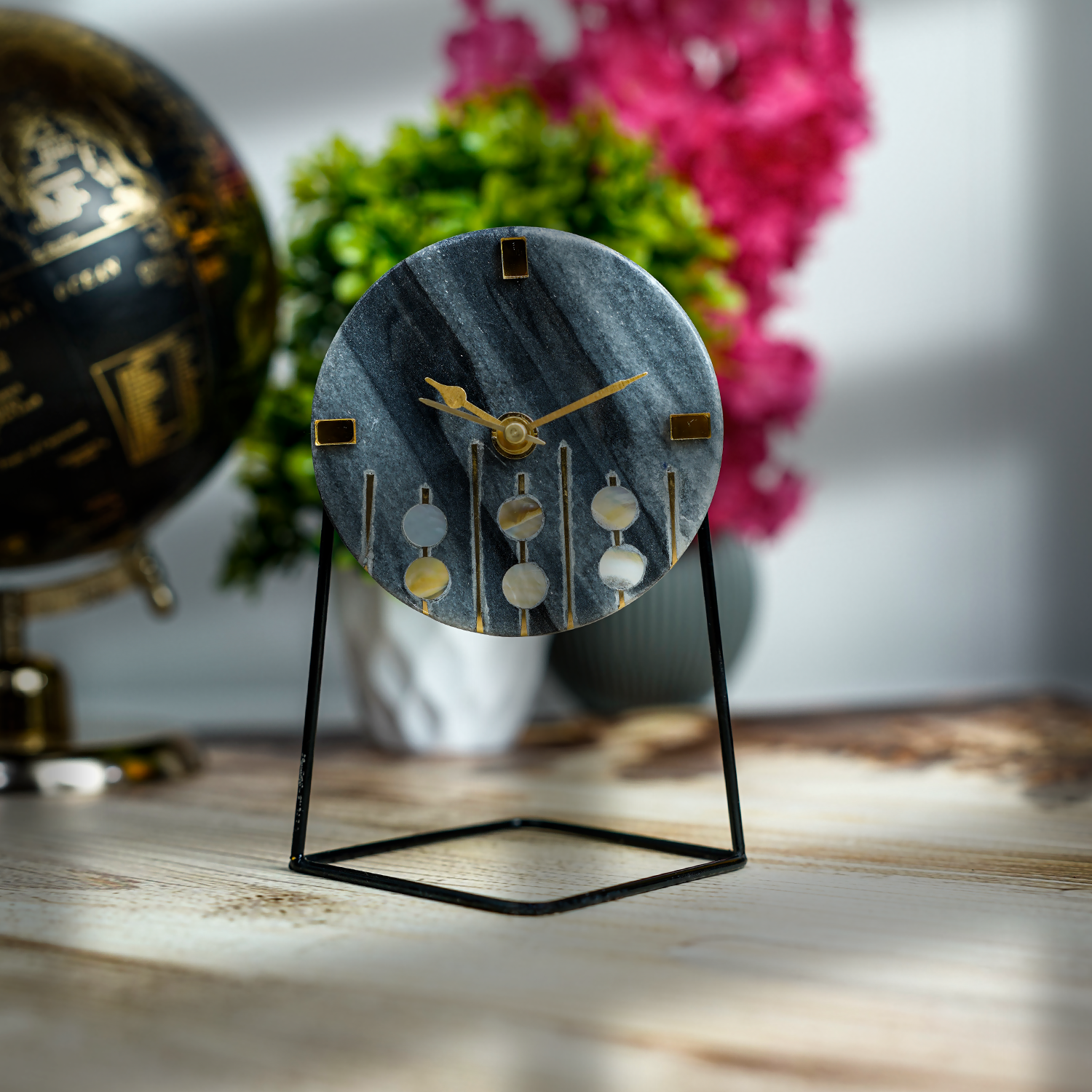 Gray Marble Round Shape Desk Clock with MOP and Brass Inlay