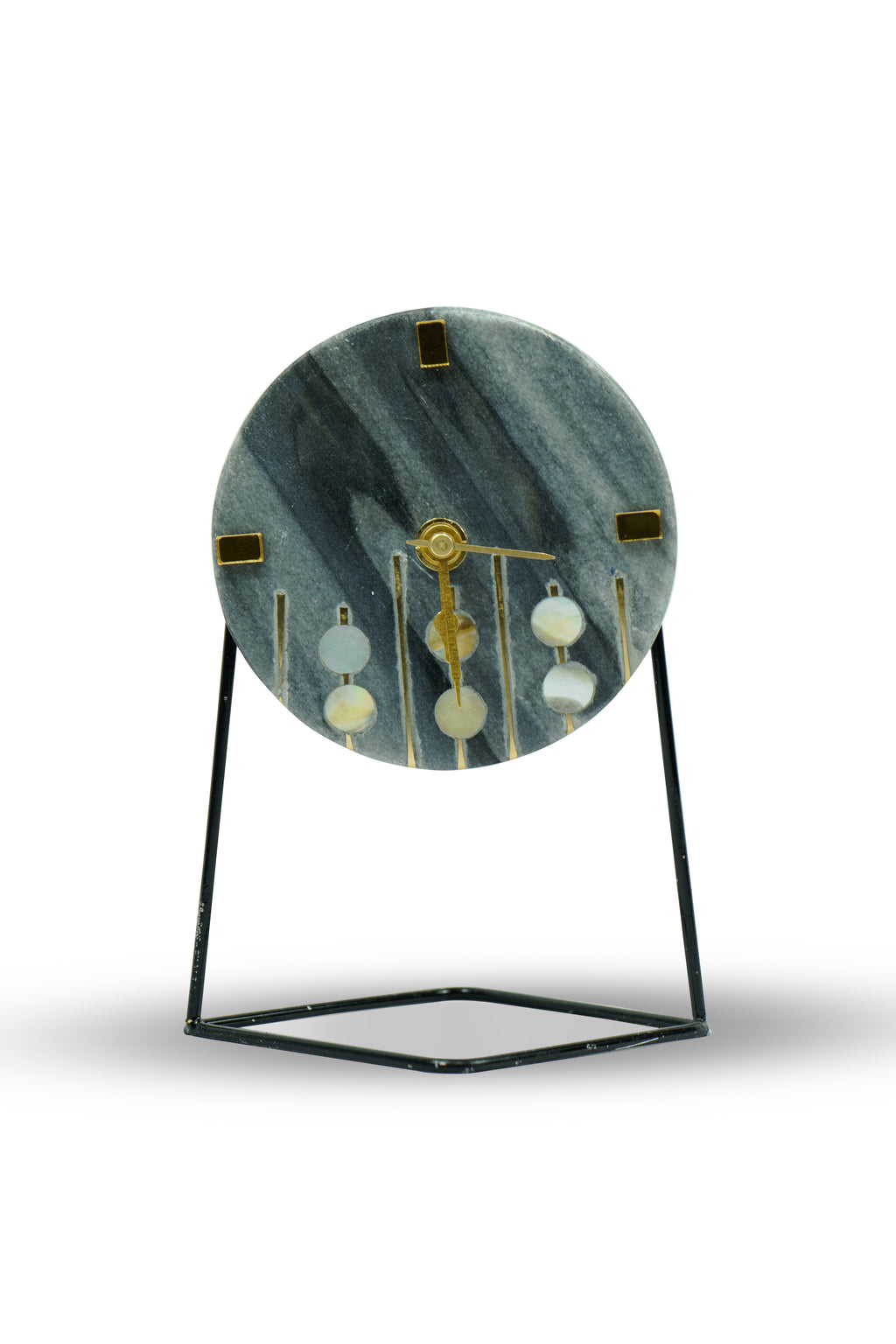 Gray Marble Round Shape Desk Clock with MOP and Brass Inlay