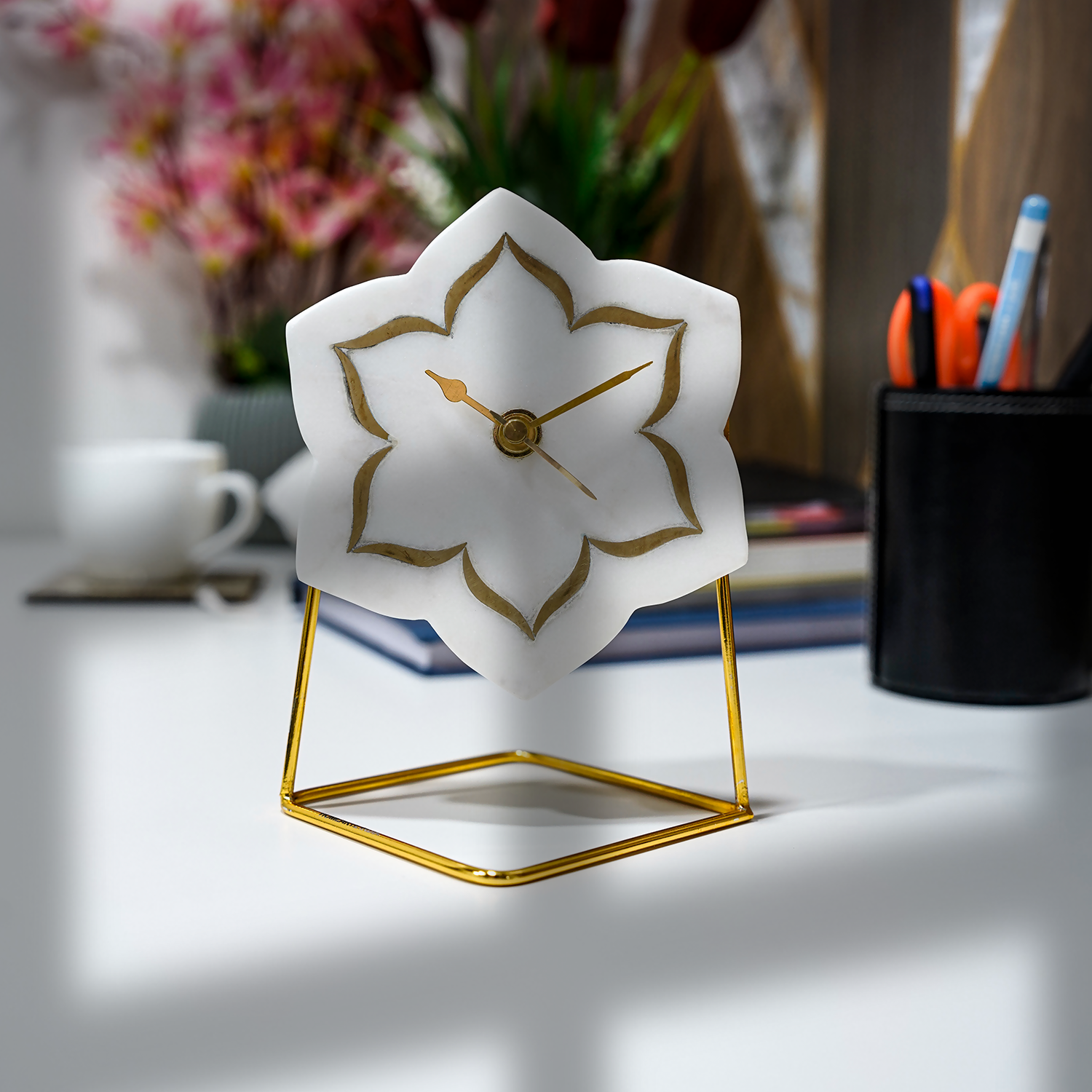 White Marble Floral Shape Desk Clock with Brass Inlay