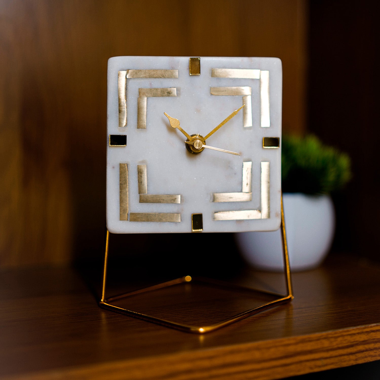 White Marble Square Shape Desk Clock with Brass Inlay