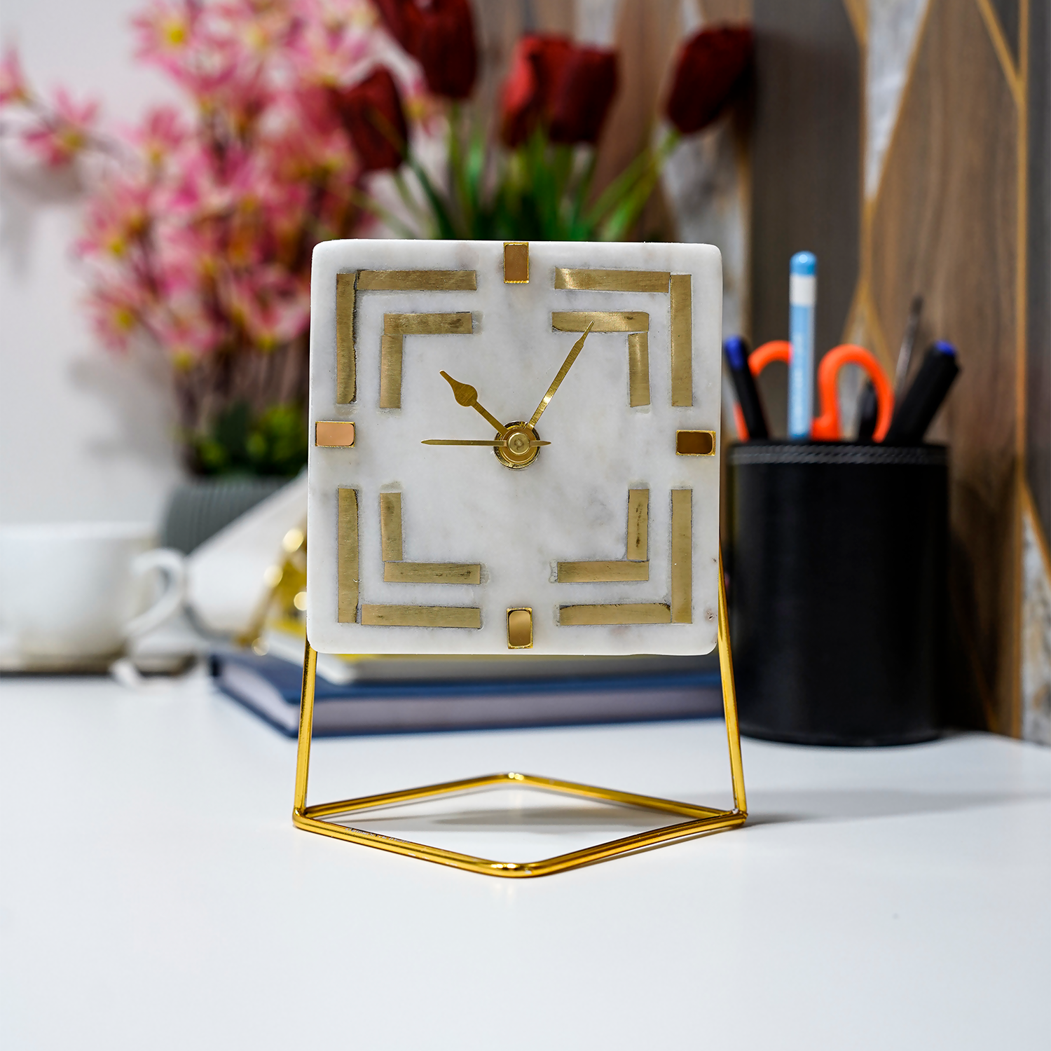 White Marble Square Shape Desk Clock with Brass Inlay