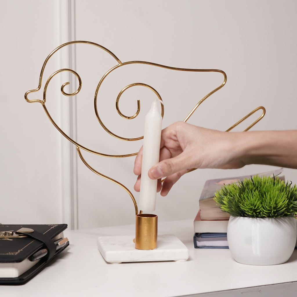 Bird Design Metal Candle Holder with Marble Base Home Decor Accent
