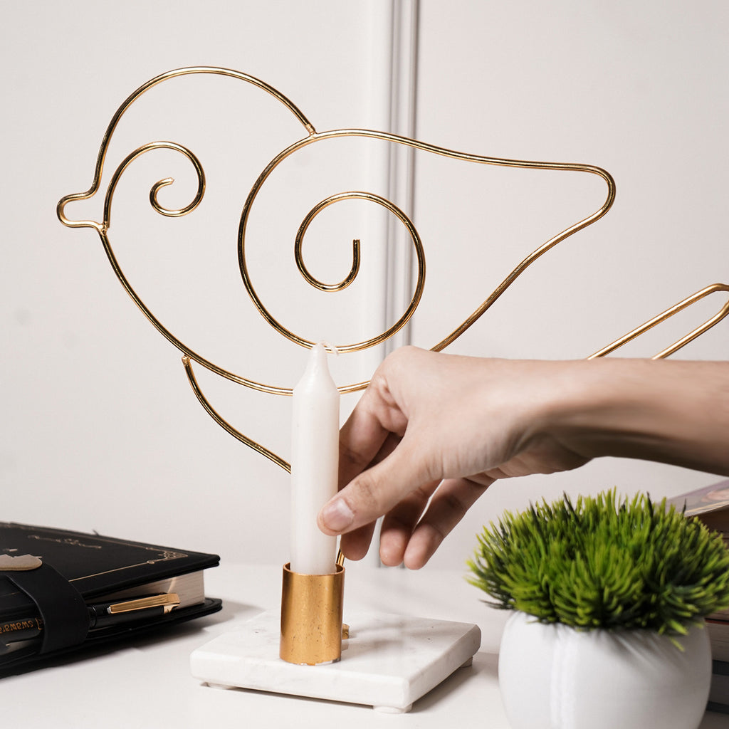 Bird Design Metal Candle Holder with Marble Base Home Decor Accent