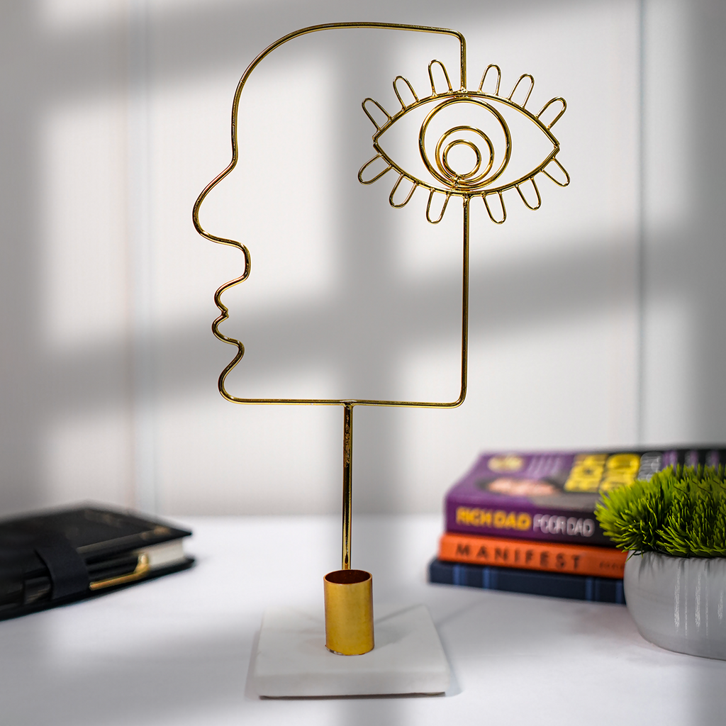 Evil Eye Face Design Metal Candle Holder with Marble Base Home Decor Accent