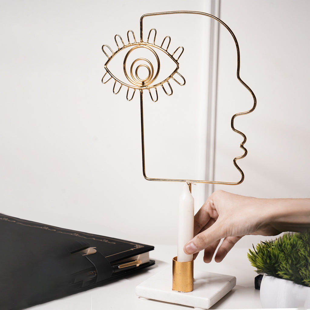 Evil Eye Face Design Metal Candle Holder with Marble Base Home Decor Accent