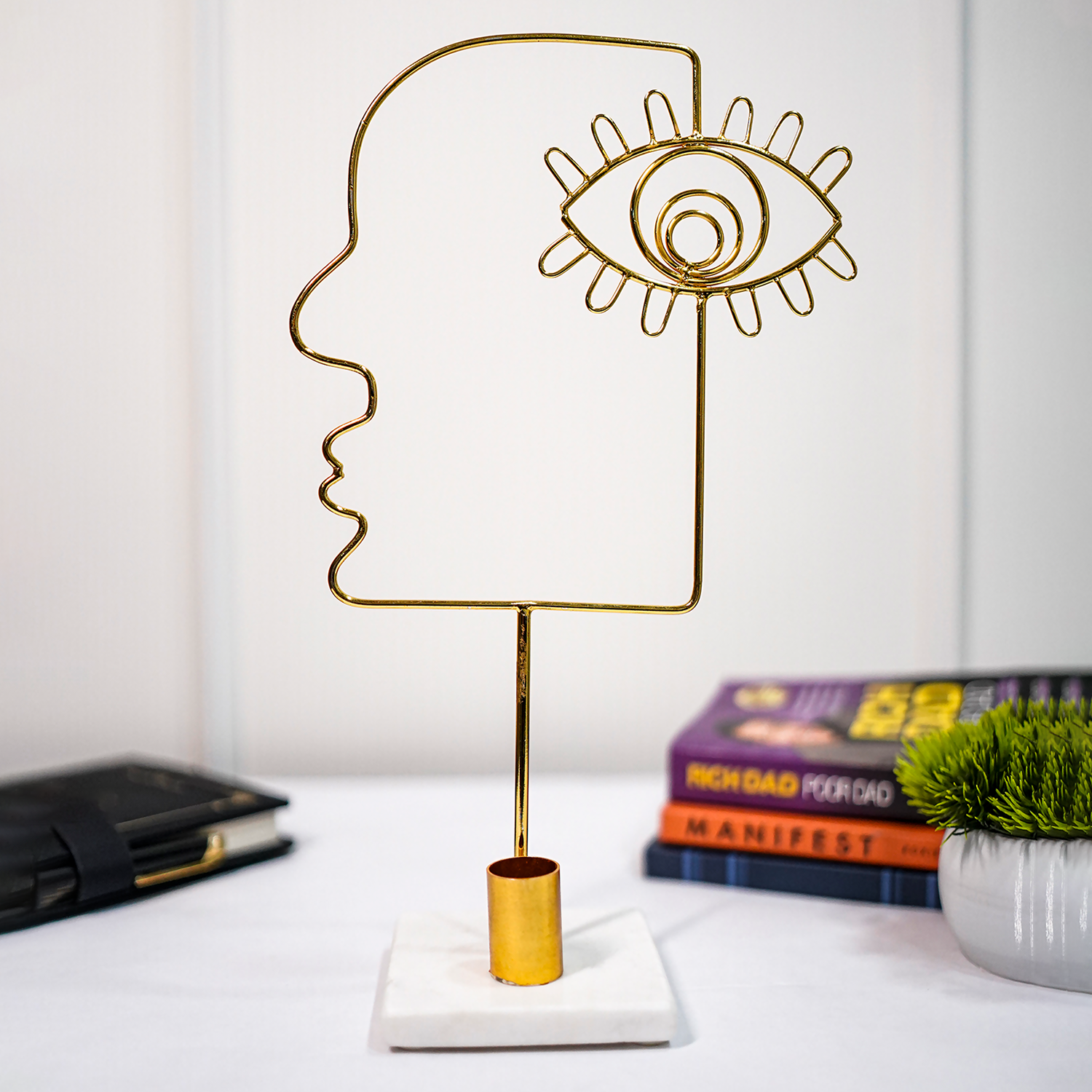 Evil Eye Face Design Metal Candle Holder with Marble Base Home Decor Accent