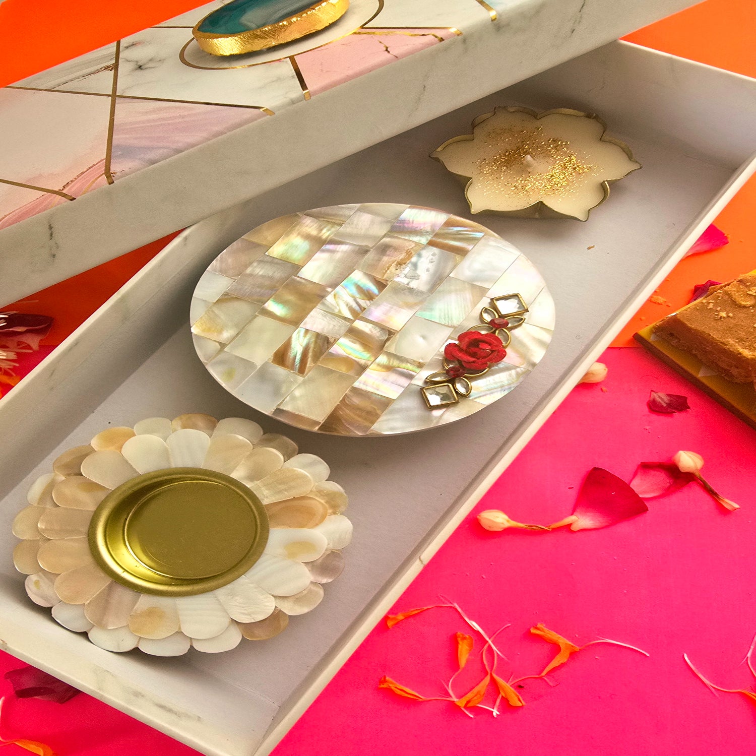 Mother Of Pearl White Round Tea Light Holder, Choki And Candle