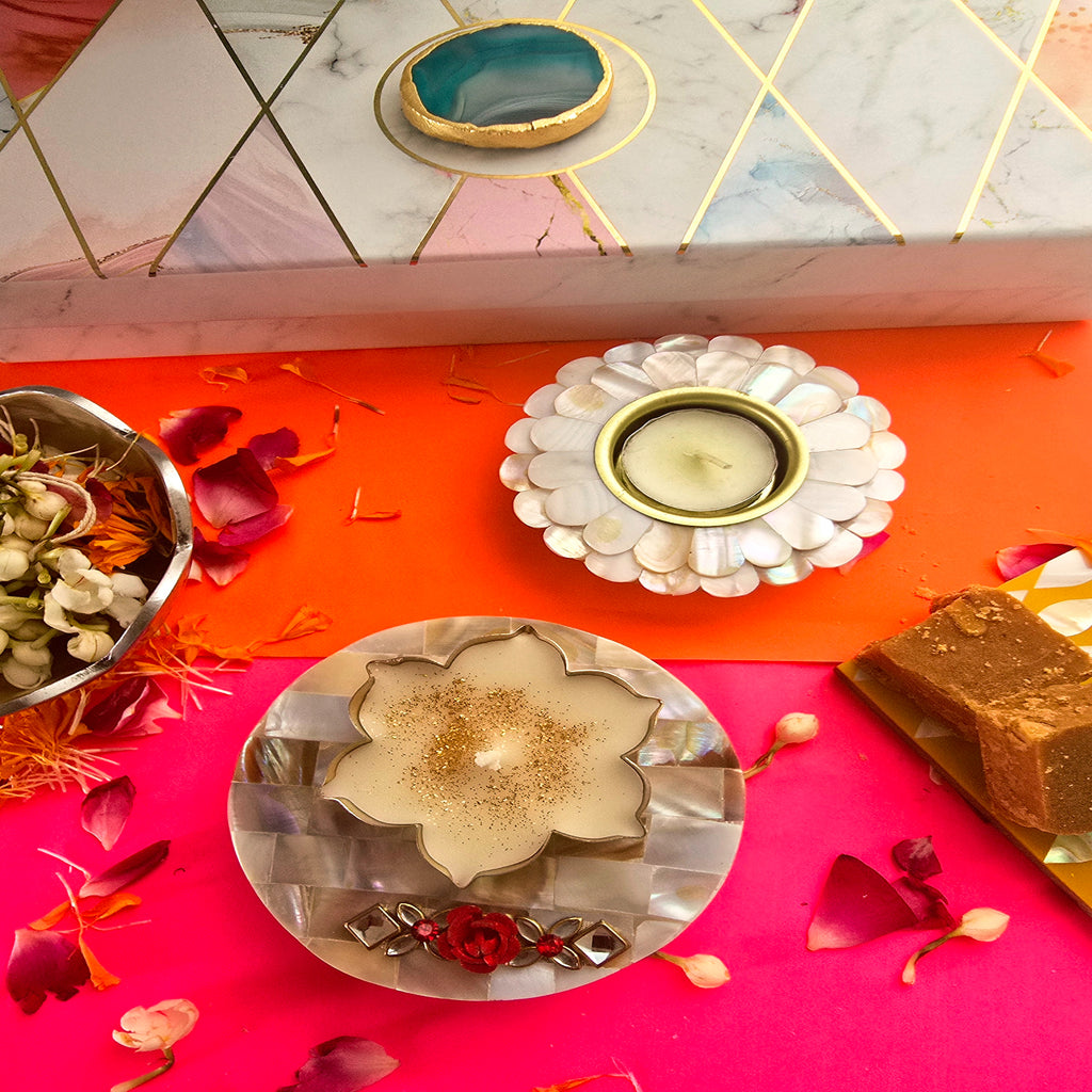 Mother Of Pearl White Round Tea Light Holder, Choki And Candle