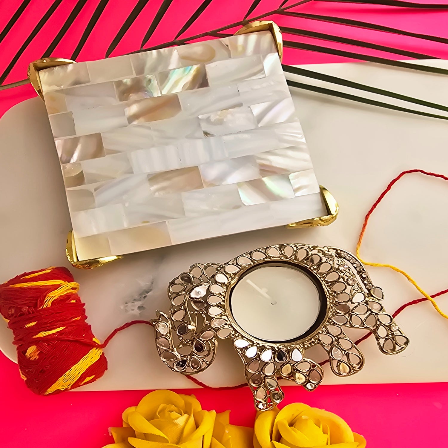 Metal Elephant Shape Diya with White Mother Of Pearl Pooja Platter