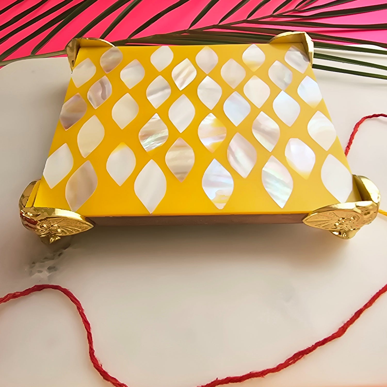 Metal Elephant Shape Diya with Yellow MOP Pooja Platter With Box