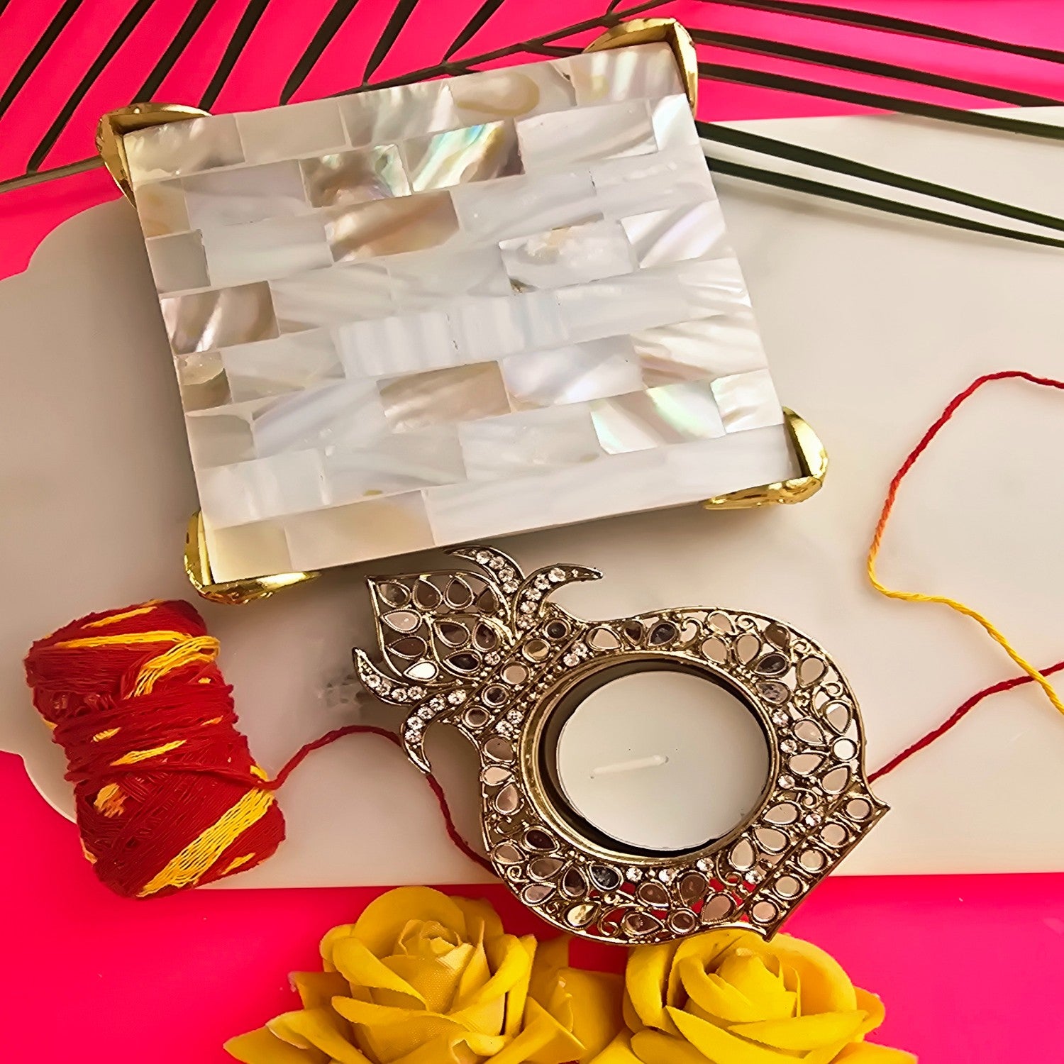 Metal kalash shap Diya with White MOP Pooja Platter With Box