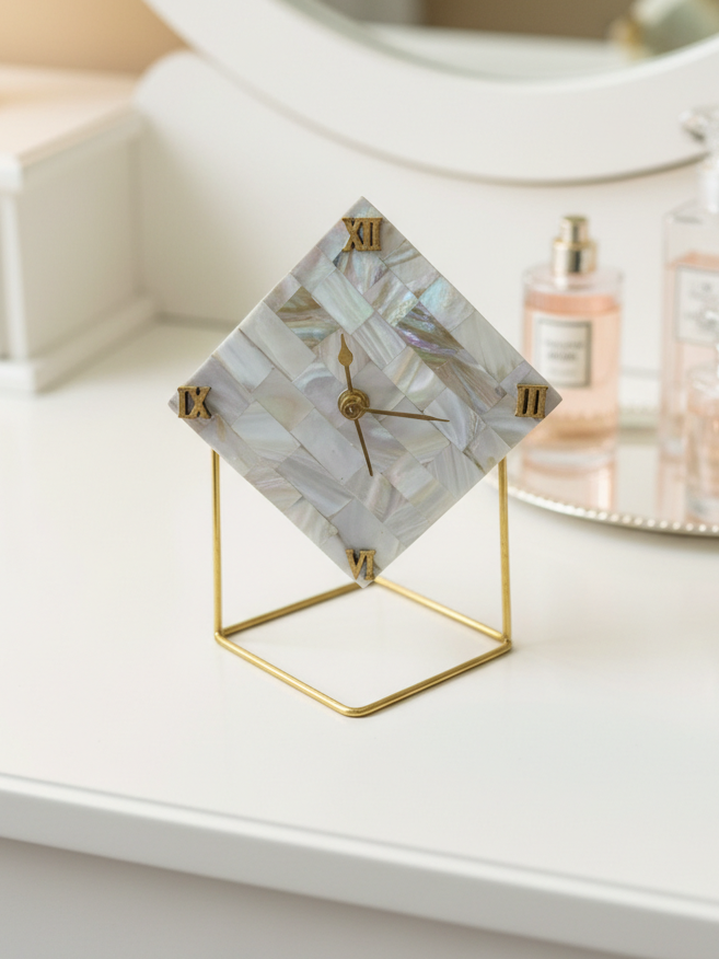 Mother of Pearl Round Desktop Clock  With Metal Stand