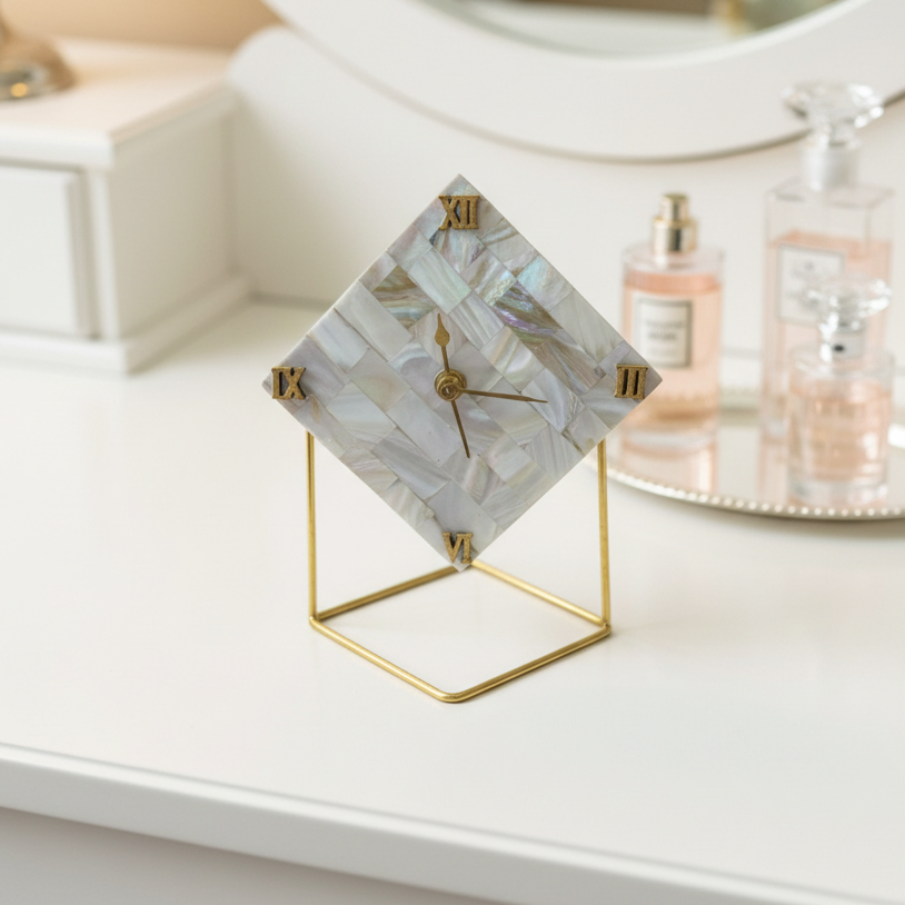 Mother Of Pearl Diamond Desktop Clock  With Metal Stand