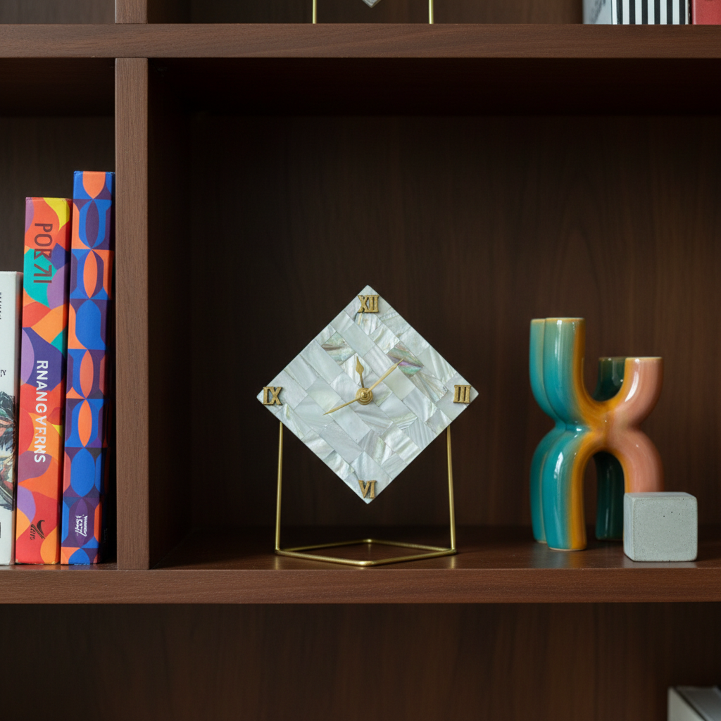 Mother Of Pearl Diamond Desktop Clock  With Metal Stand