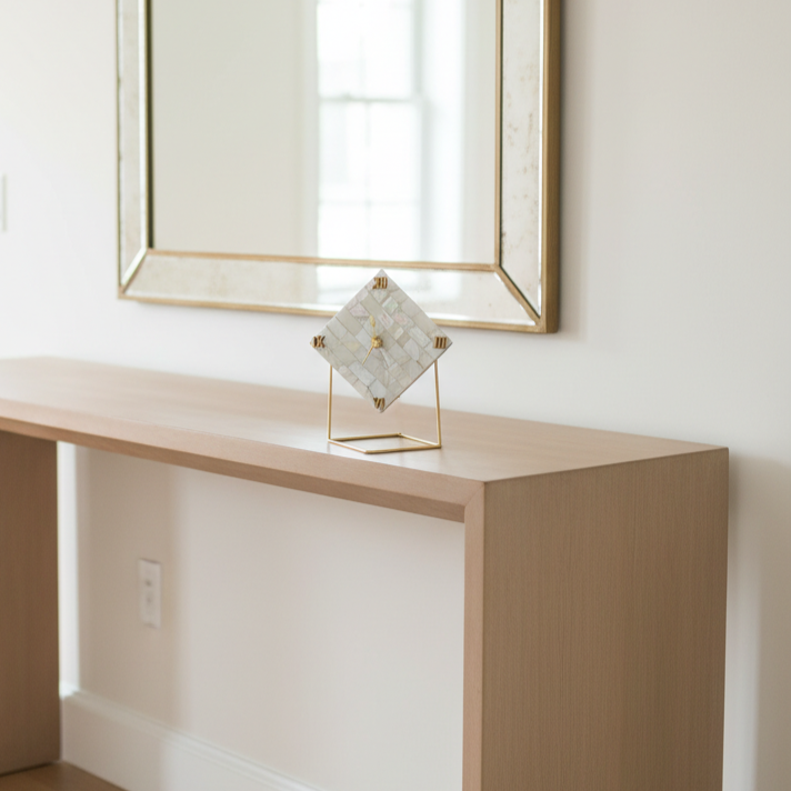 Mother Of Pearl Diamond Desktop Clock  With Metal Stand
