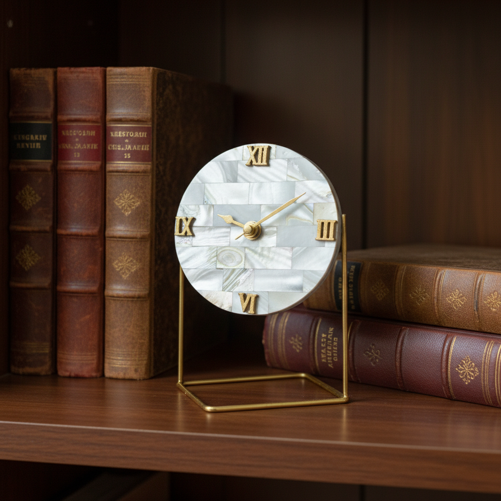 Mother of Pearl Round Desktop Clock  With Metal Stand