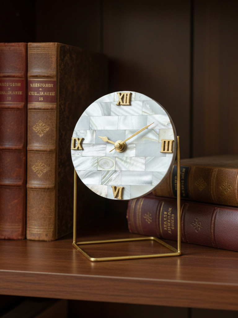 Mother Of Pearl Diamond Desktop Clock  With Metal Stand