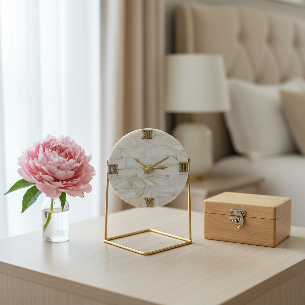 Mother of Pearl Square Desktop Clock With Metal Stand
