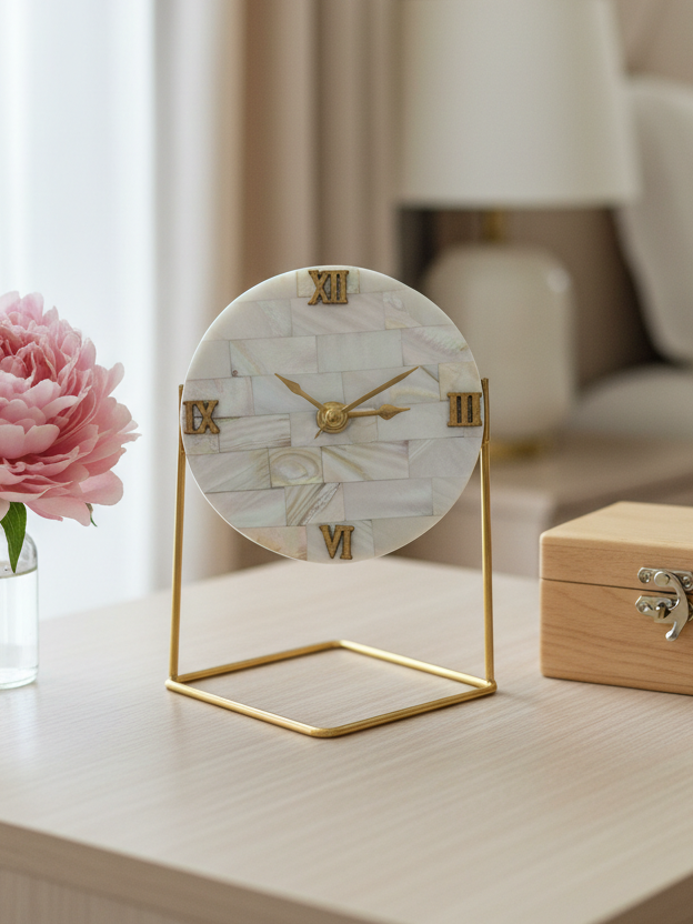 Mother of Pearl Square Desktop Clock With Metal Stand