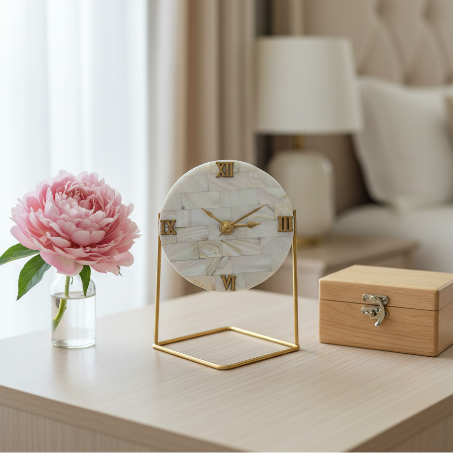 Mother of Pearl Round Desktop Clock  With Metal Stand