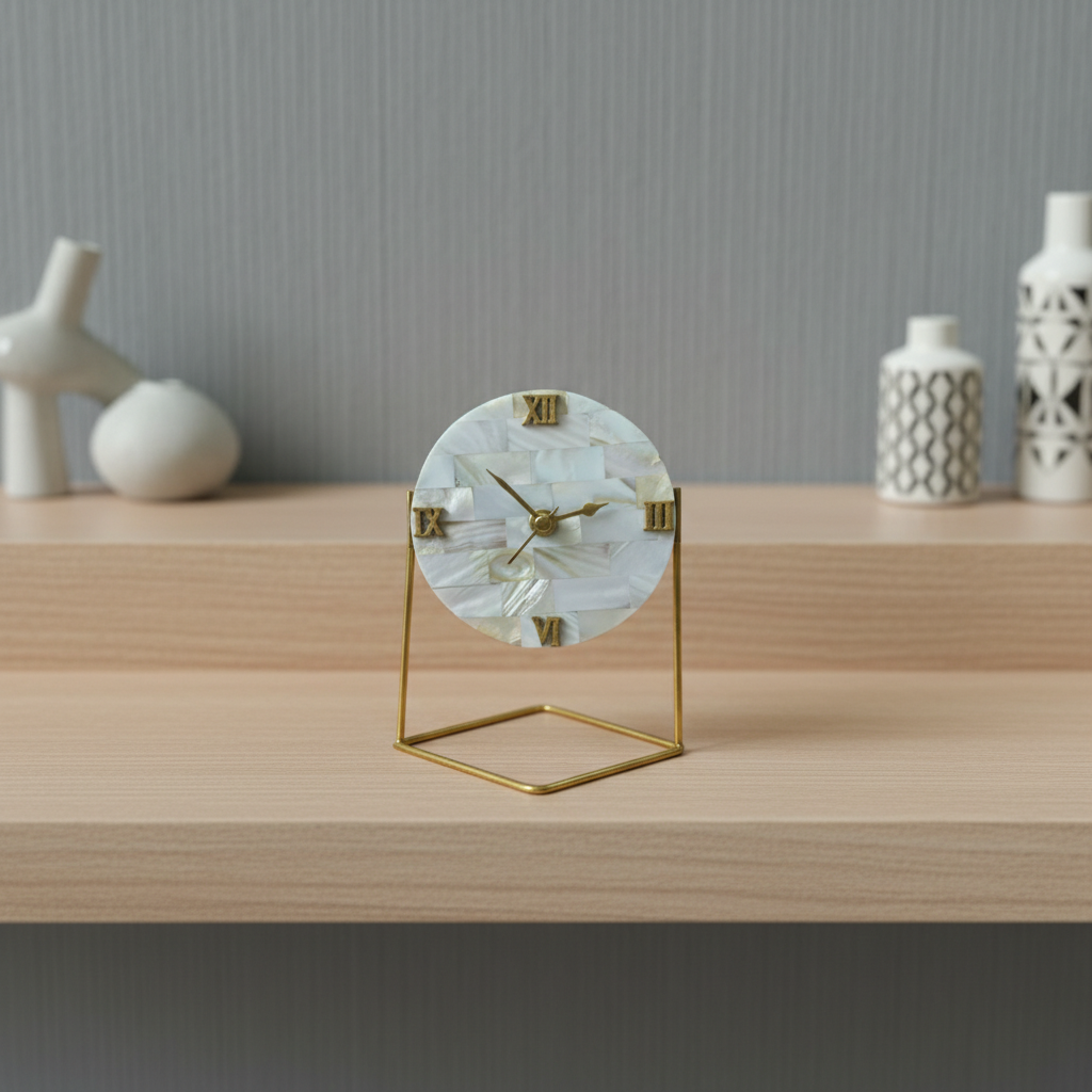 Mother of Pearl Round Desktop Clock  With Metal Stand