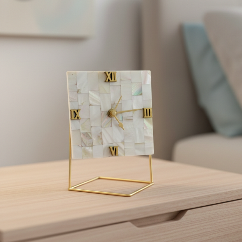 Mother of Pearl Square Desktop Clock With Metal Stand