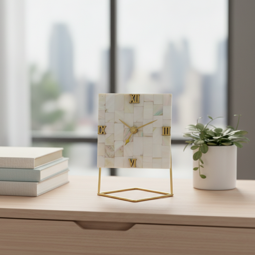 Mother of Pearl Square Desktop Clock With Metal Stand