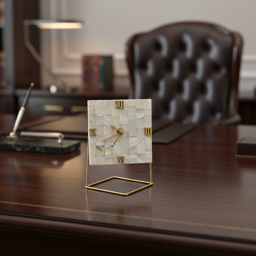 Mother of Pearl Square Desktop Clock With Metal Stand